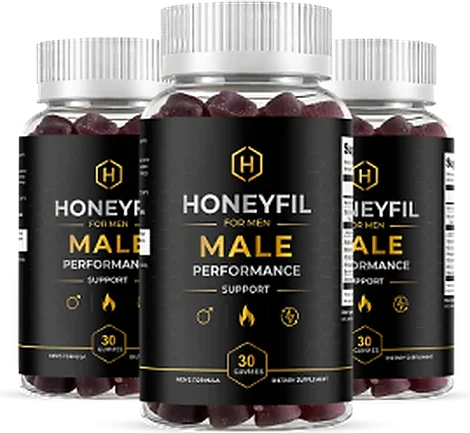 Three bottles of HoneyFil men's daily chewable gummies
